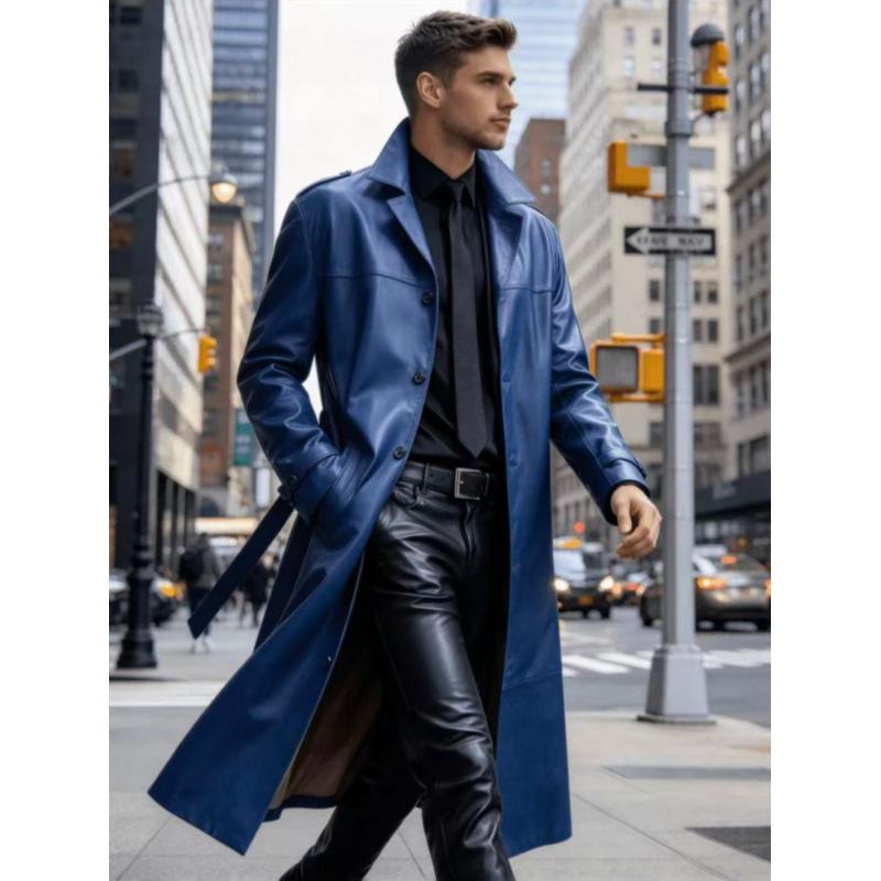 New European and American men's long PU leather trench coat suit collar business casual knee leather coat jacket men's clothing