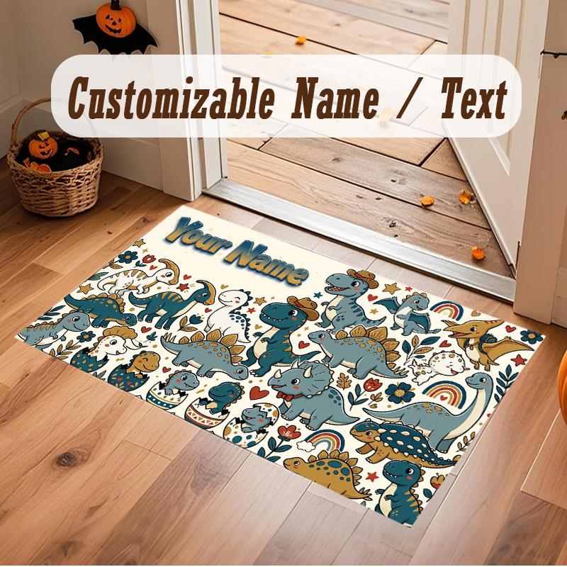 Dinosaur Theme Soft Crystal Velvet Rug Custom Name & Text Print Non Slip Floor Rug for Bedroom Living Room