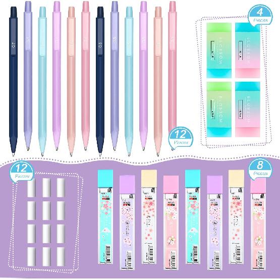 Yexiya 36 Pcs Mechanical Pencil Set, 12 Pastel Cute Mechanical Pencils with 8 Tubes HB Resin Refills, 4 Pcs Erasers and 12 Cap Eraser Refills for