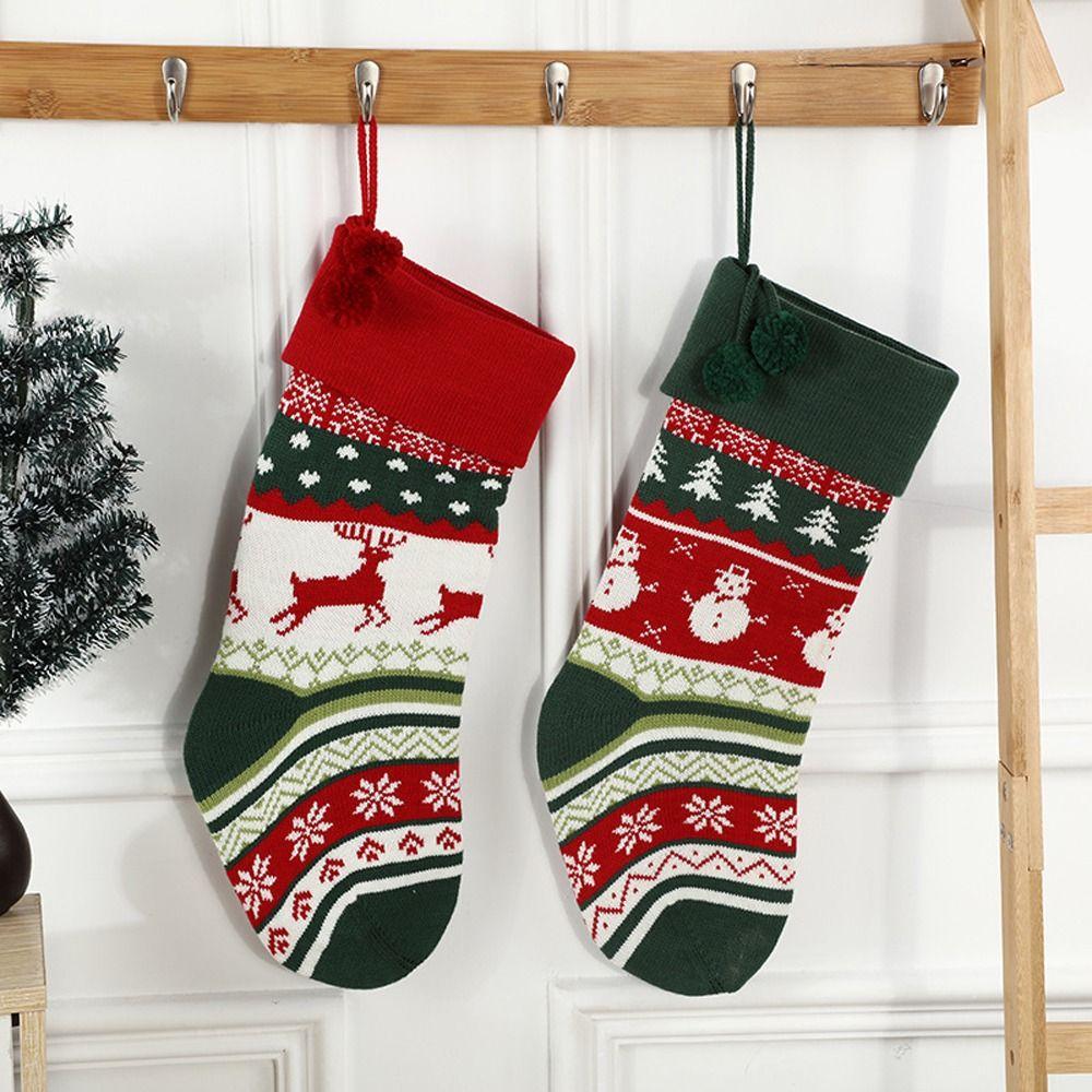 Tasche Weihnachtsgeschenk Weihnachtsornament mit Pompons Weihnachtsmann Socke Gestrickter Weihnachtsstrumpf Geschenktasche