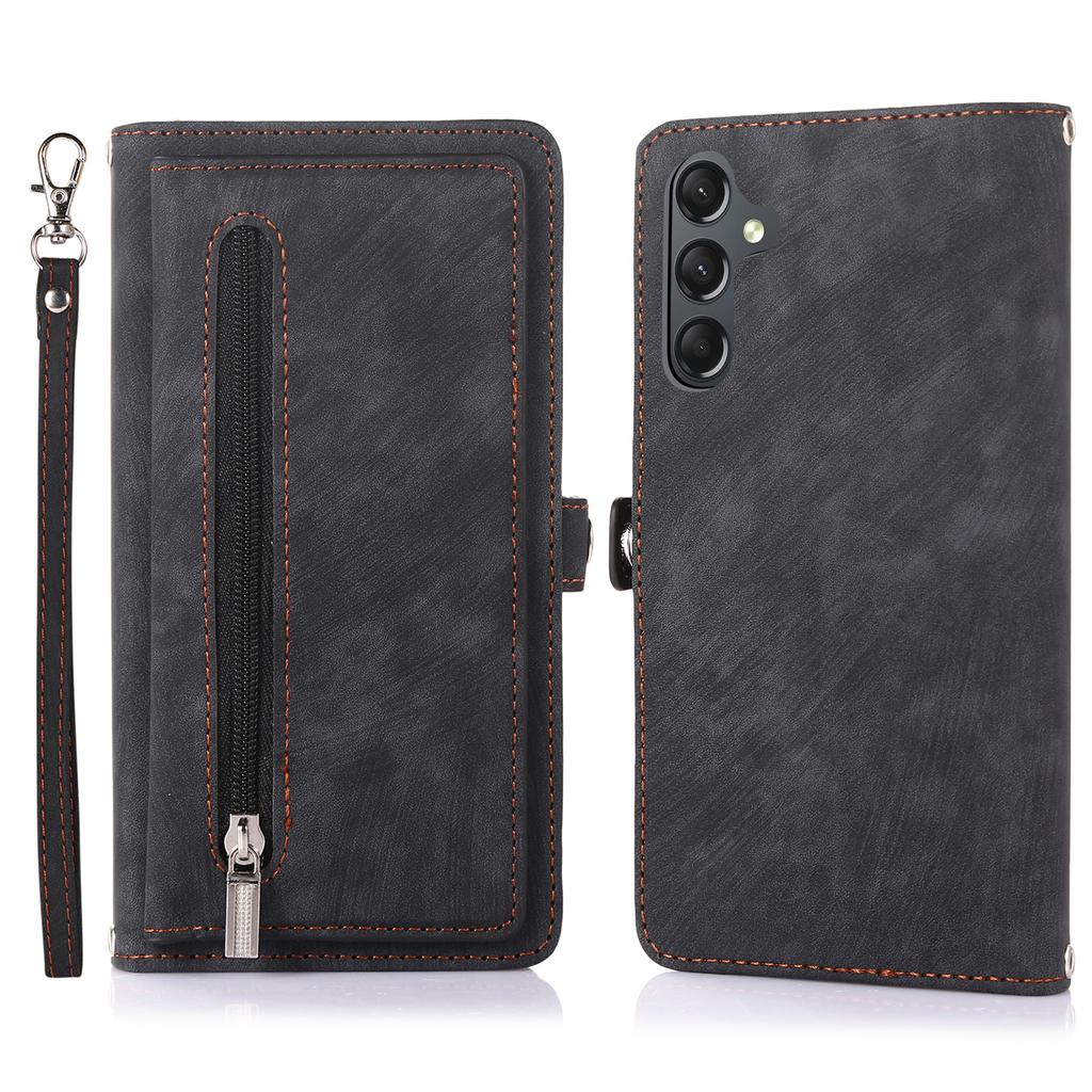 For Samsung Galaxy A35 5G Case Zipper Pocket 9 Card Slots PU Leather Phone Cover with Wrist Strap