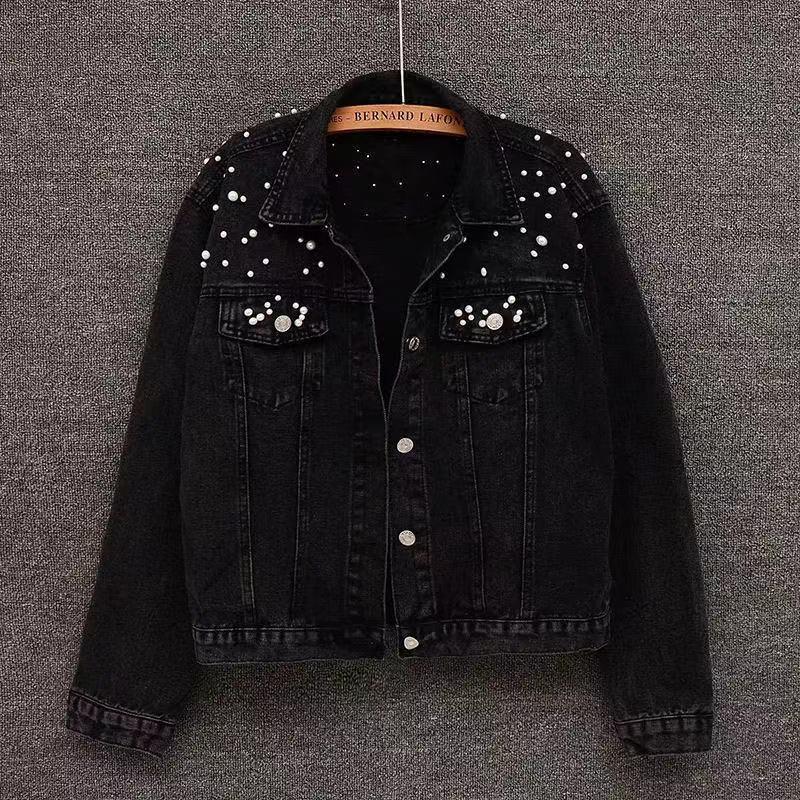 Plus Size Beaded Denim Jacket - Korean Style, Spring/Autumn Fashion for Women