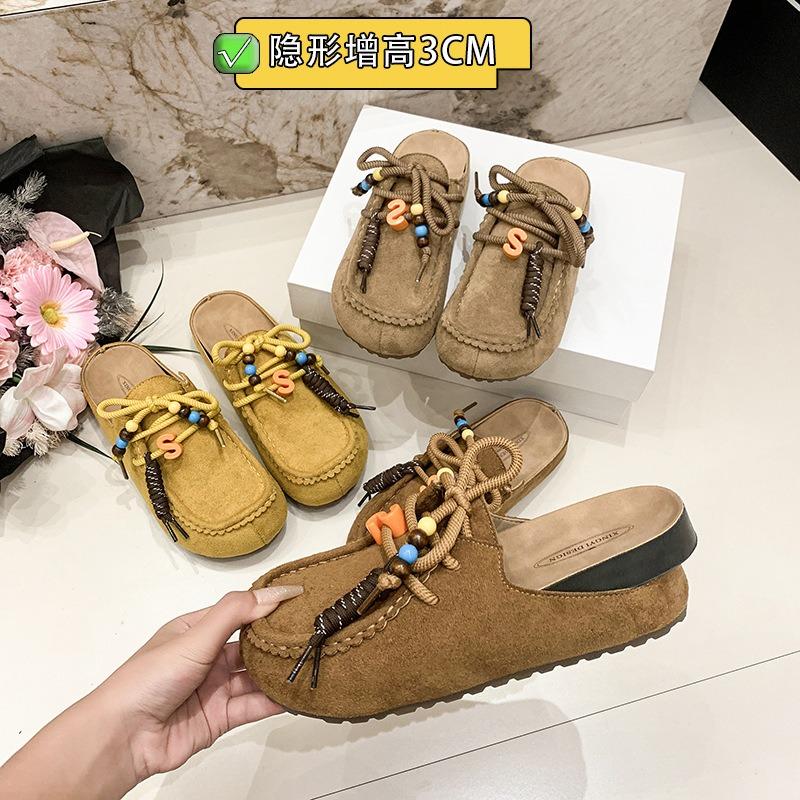 Retro baotou half slippers women's new thick-soled heightening one-pedal literary versatile shoes