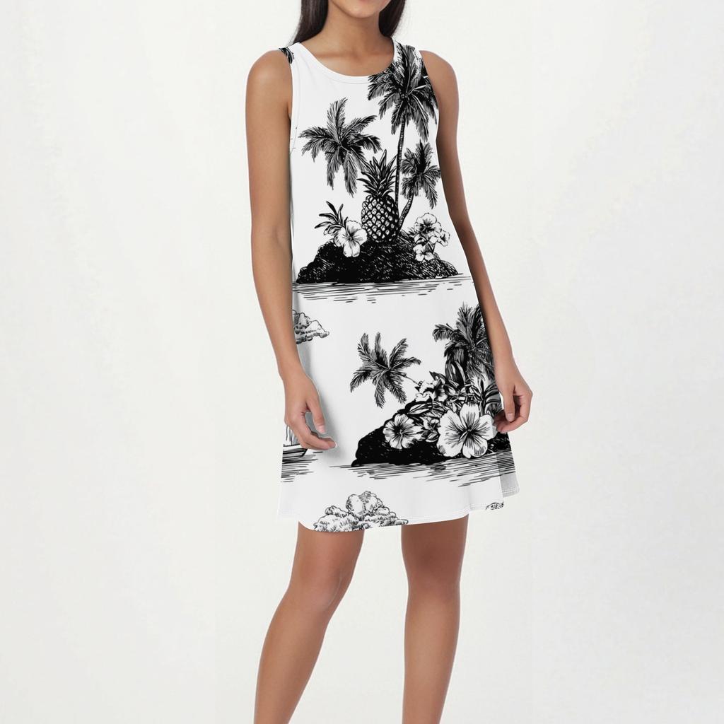 Women's Fashion Beach Dress Sleeveless Round Neck Floral Print Dress