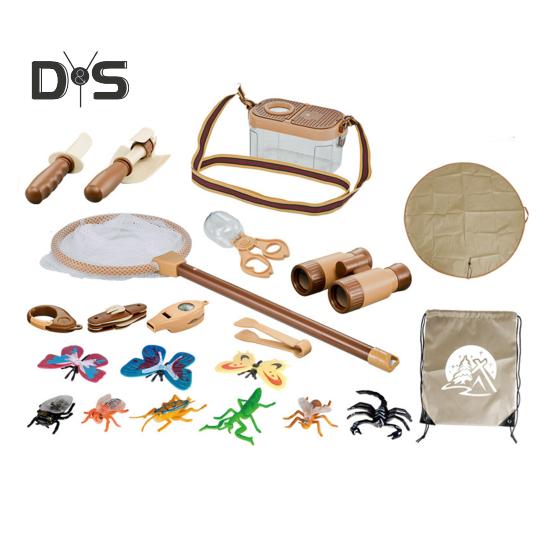 Kinder Outdoor Explorer Set Abenteuer Kit Mini Fernglas Kinder Kompass Pfeife Lupe Fangbox Zelt Mesh Sand Design Lernspielzeug
