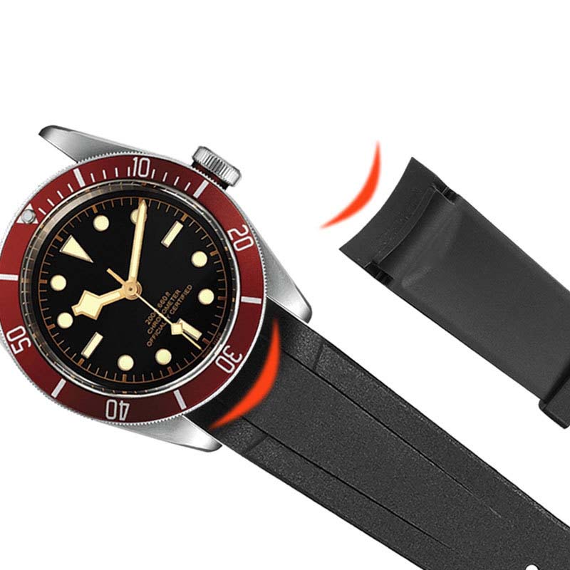 Klasický vysoce kvalitní gumový řemínek se zakřivenými konci pro hodinky Tudor Black Bay GMT s překlápěcí sponou Černý Modrý Červený 22mm Náramek