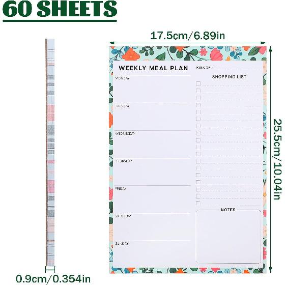 60 Sheet Meal Planner for Fridge, Magnetic Weekly Meal Planner & Grocery List with Tear-off Shopping List for Meal Prep, 7x10''-Flower Design