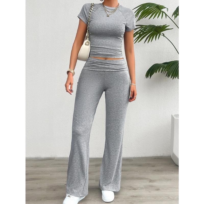 Summer casual solid color slim short-sleeved trousers set