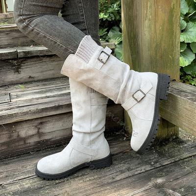 Feiern Sie Vintage Western Cowboy Stiefel Damen Neu Wildleder Runde Spitze Dicke Ferse Schuhe Retro Gürtelschnalle Gestapelte Mid-Calf Botas