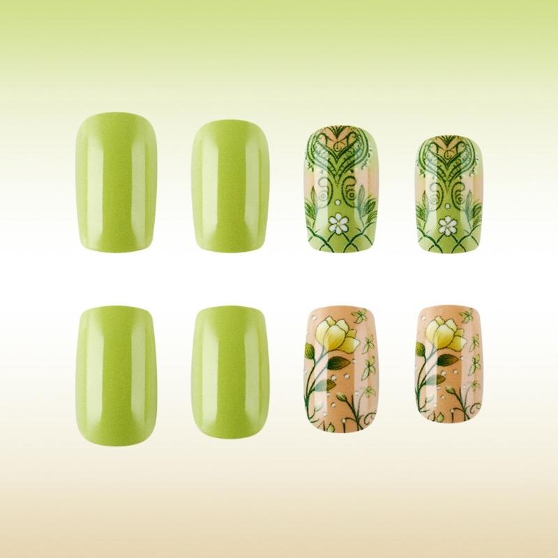 24 Stück Mittlere Quadratische Press-On Nägel Grüne Acryl-Fingernägel Glänzende Künstliche Nägel Blumen Aufkleber für Party