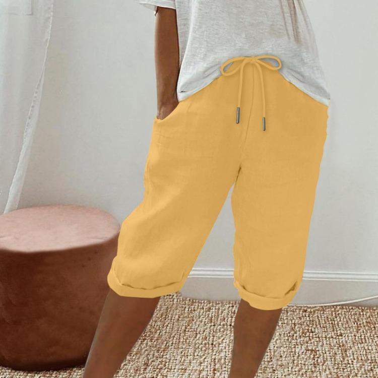 Women Casual Linen Shorts with High Waisted Drawstring Pants Pockets