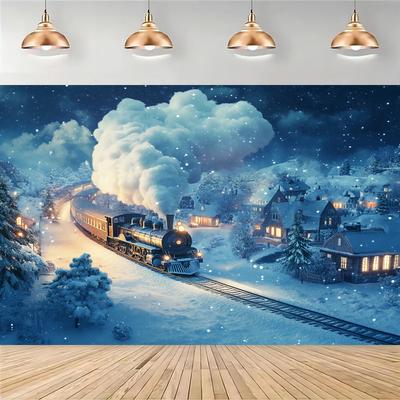 Winter Train Snow Village Night Sky Tapestry Christmas Holiday Scene Wall Hanging for Cozy Home Festive Season Decoration Gift