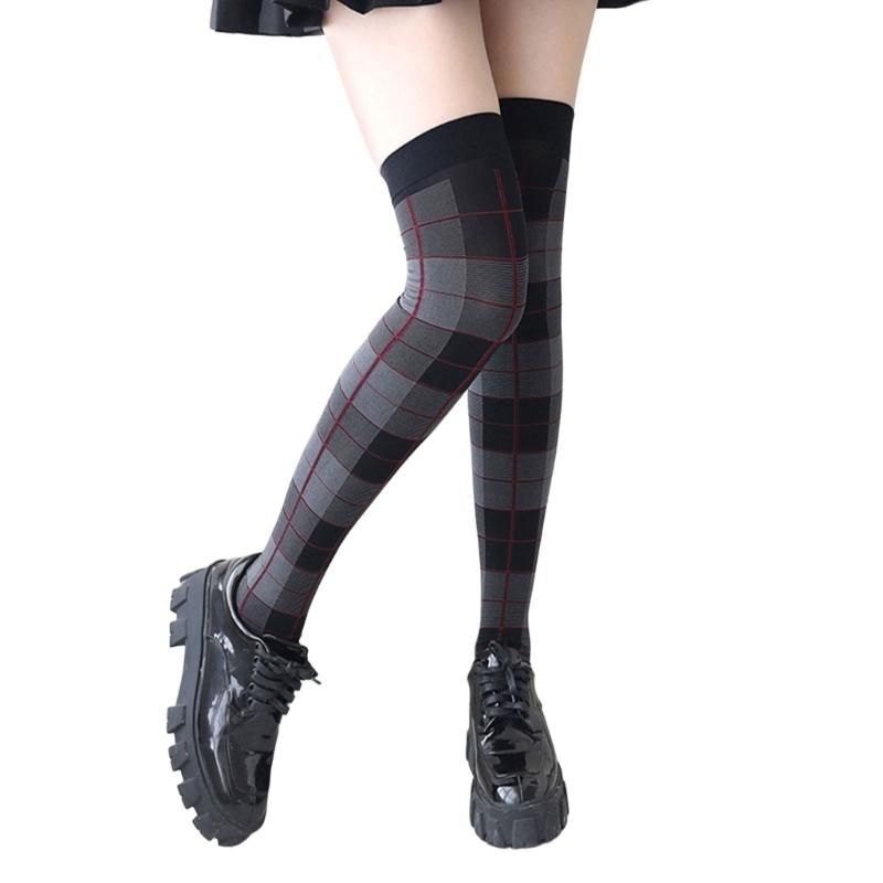 Thigh High Stockings Thigh High Socks with Plaids Print Over the Knee Socks Nylon Stockings Halloween Cosplay Costume