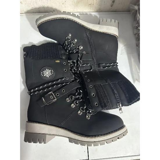 New Round Toe Mid-Calf Thin Bottom Thick Heel Knight Boots Women's Crossbelt Leather Boot Street Style Winter Rubber Sole