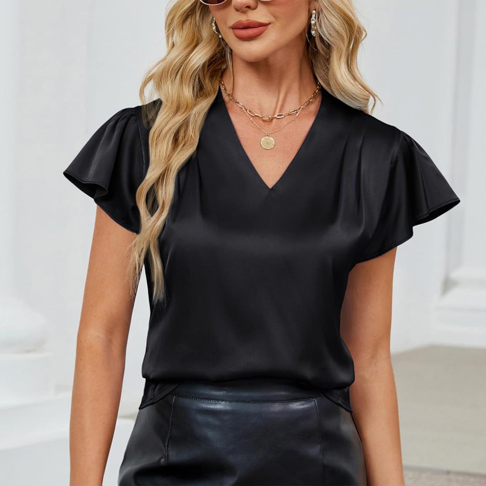 

Женская модная однотонная рубашка с V-образным вырезом, плиссированная, свободная, с оборками и короткими рукавами L чёрный