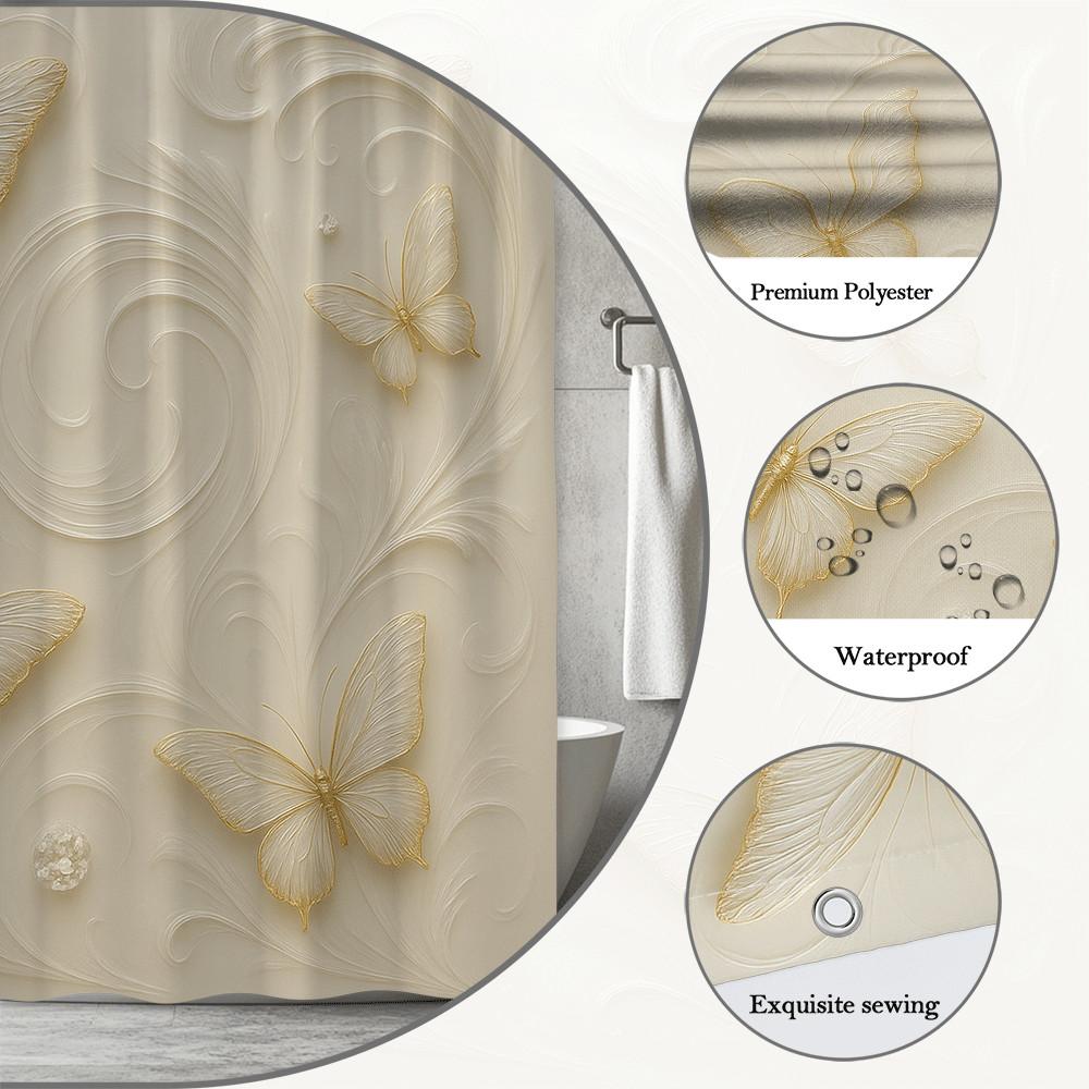Goldener Schmetterling Duschvorhang Elegante Creme-Farbe Mit 3D-Muster Wasserdicht Einfach zu Installieren Verschönern Sie Ihren Raum