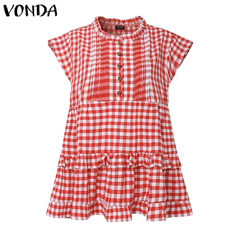 

VONDA Women Stand Neck Casual Sleeveless Plaid Print Tank Tops 5XL красный