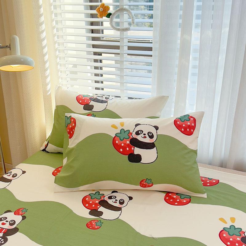 Cute Cartoon Panda Flat Sheet Kawaii Strawberry Bed Sheet Set For Girls Boys Room Decor, Cotton Twin Bed Cover With 2 Pillowcase