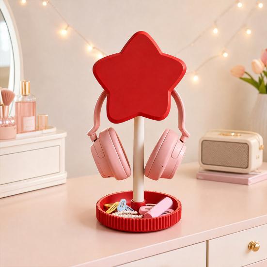 Cute Star Headphone Stand with Storage Tray, 3D Printed PLA Headset Hanger & Desk Organizer, Macaron Color Gaming Office Decor, Multi-Functional