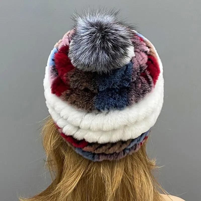 Căciulă Tricotată cu Pompom pentru Femei Iarnă Caldă Blană Naturală de Iepure Rex Vulpe Pompom Cranii Fete Căciuli Groase Colorate