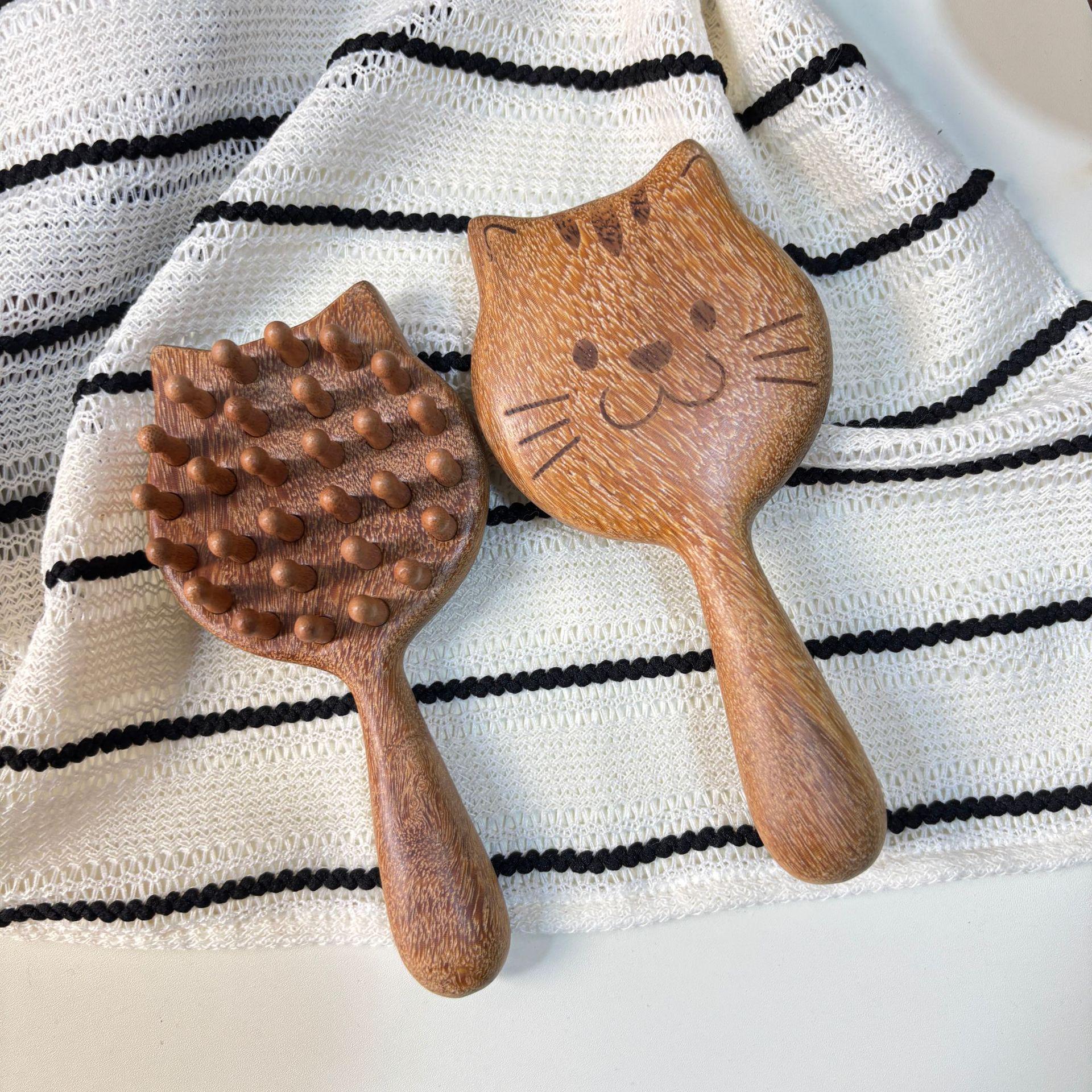 Sandalwood Cartoon Kitten Tiger Head Massage Comb - Coarse-Tooth Meridian Comb for Household Use