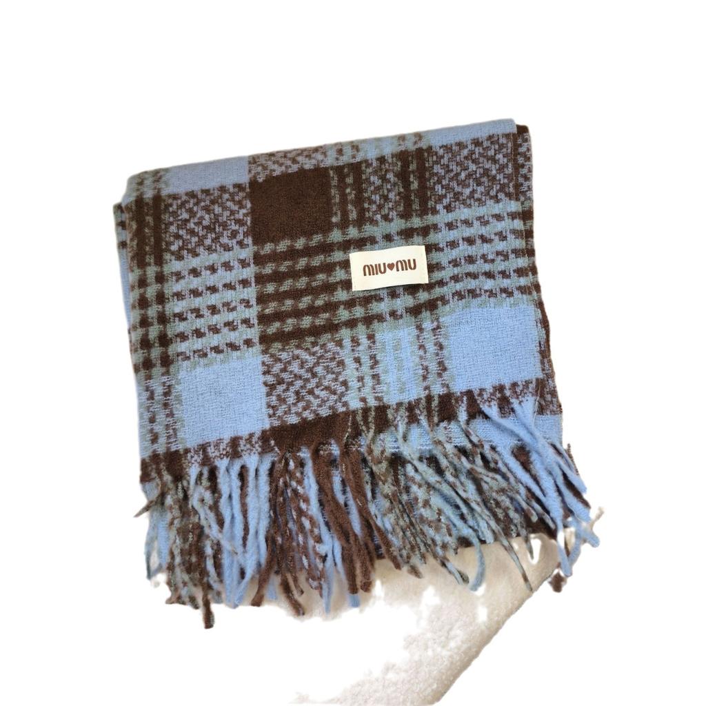 Vintage Plaid Scarf for Girls Winter Thick Warm Long Shawl Dual-use Student Scarf