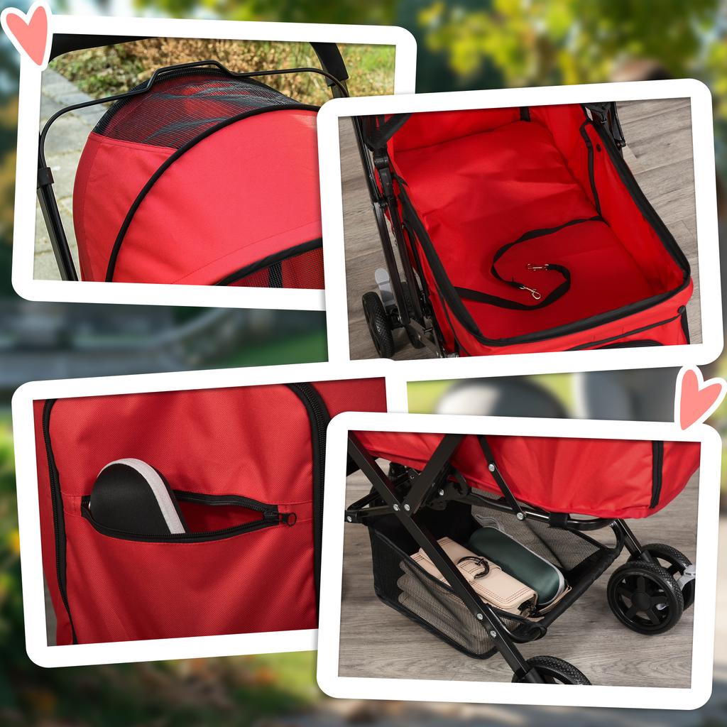 Pet Stroller Pushchair Foldable Travel Dog Cat Carriage w/ Reversible Handle Brake Basket