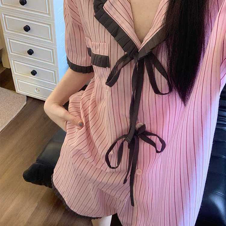 

Premium contrasting colors pink striped pajamas women s summer short-sleeved shorts bow two-piece set can be worn outside loungewear S