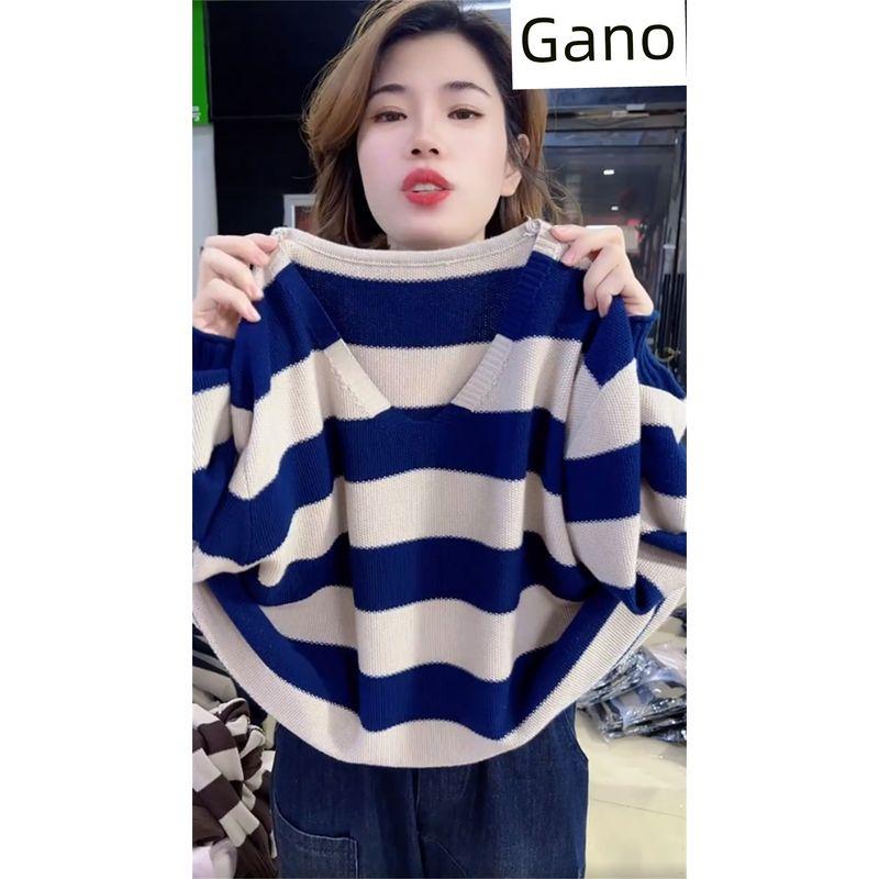

Early Autumn Plus Size Fashion Western Style Fashion Stripes Knitwear Blue Apricot Stripes All yards