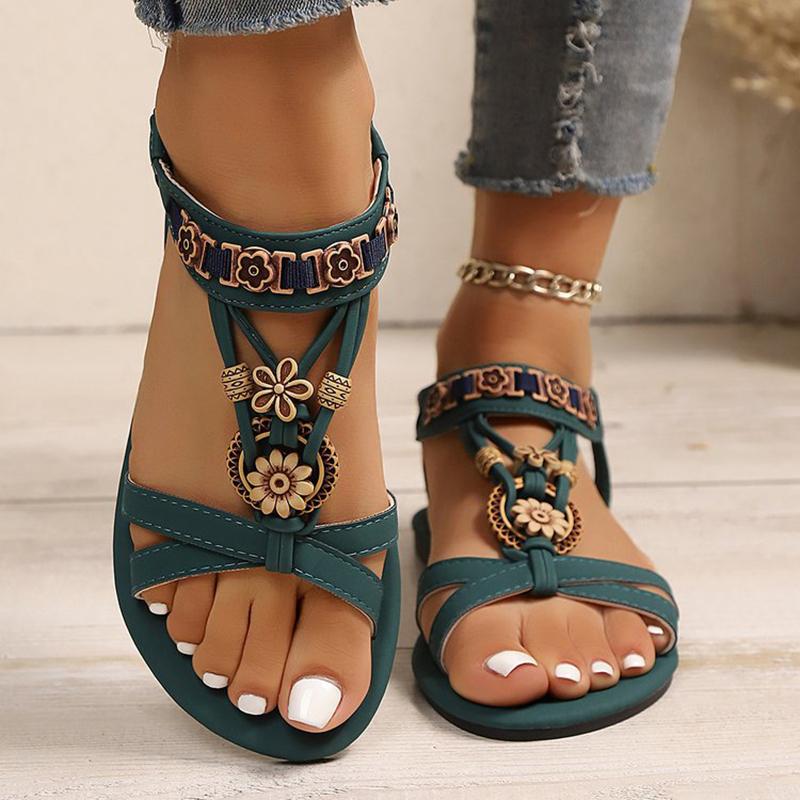 Bohemian Style Women's Flat Sandals Summer Comfortable Non Slip Beach Shoes Woman Vintage Beaded Flower Decor Gladiator Sandals