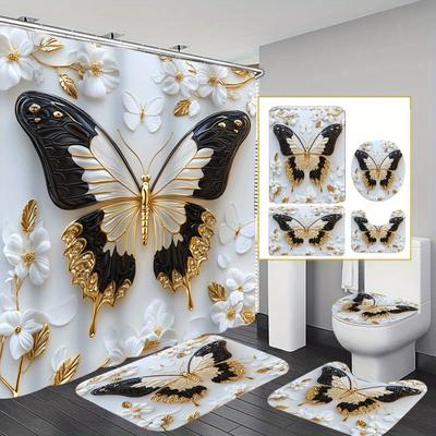 1/4pcs Bathroom Shower Curtain Set White Golden Butterfly Print Bathroom Curtain With 12 Hooks Non Slip Rugs Toilet Cover Mat Bathroom Partition