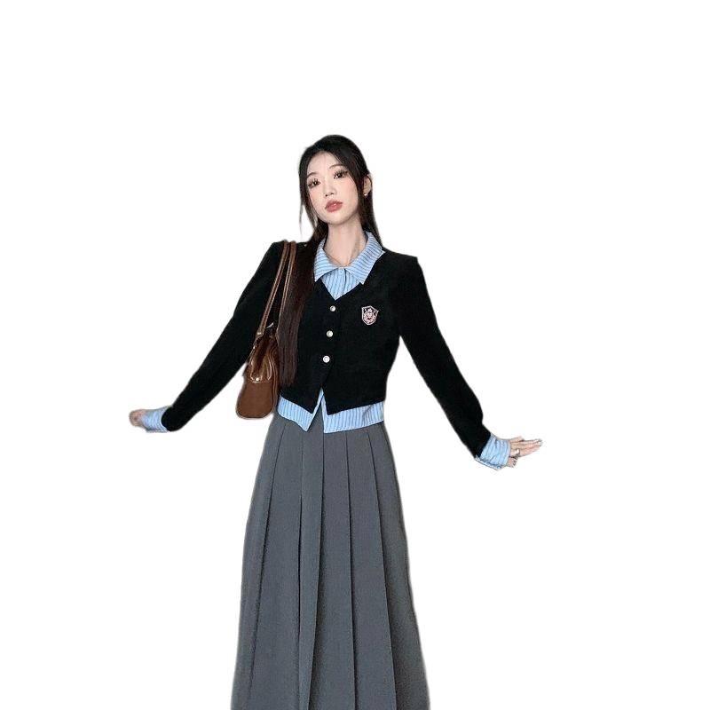 Women's Korean Academy Style Faux Two-Piece Colorblock Polo Shirt - Autumn 2025 New Arrival