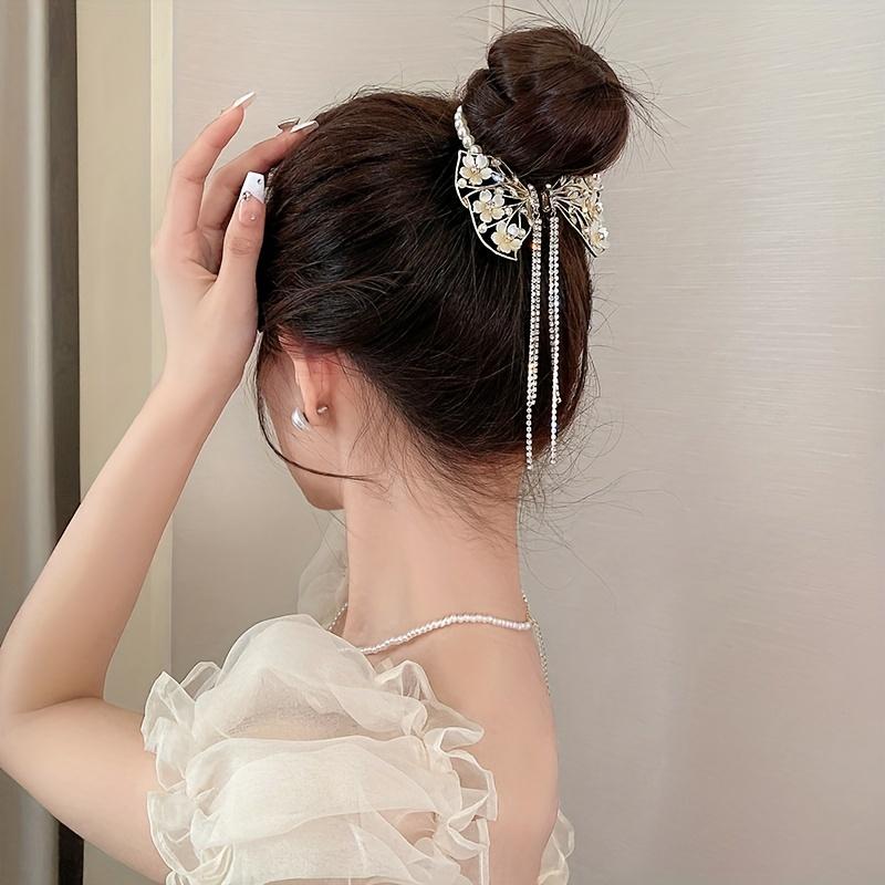 Exquisite Alloy Hair Clip Fine Hollow Out Butterfly Flower Imitation Pearl Hairpin Chic Rhinestone Tassel Ball Head Barrettes