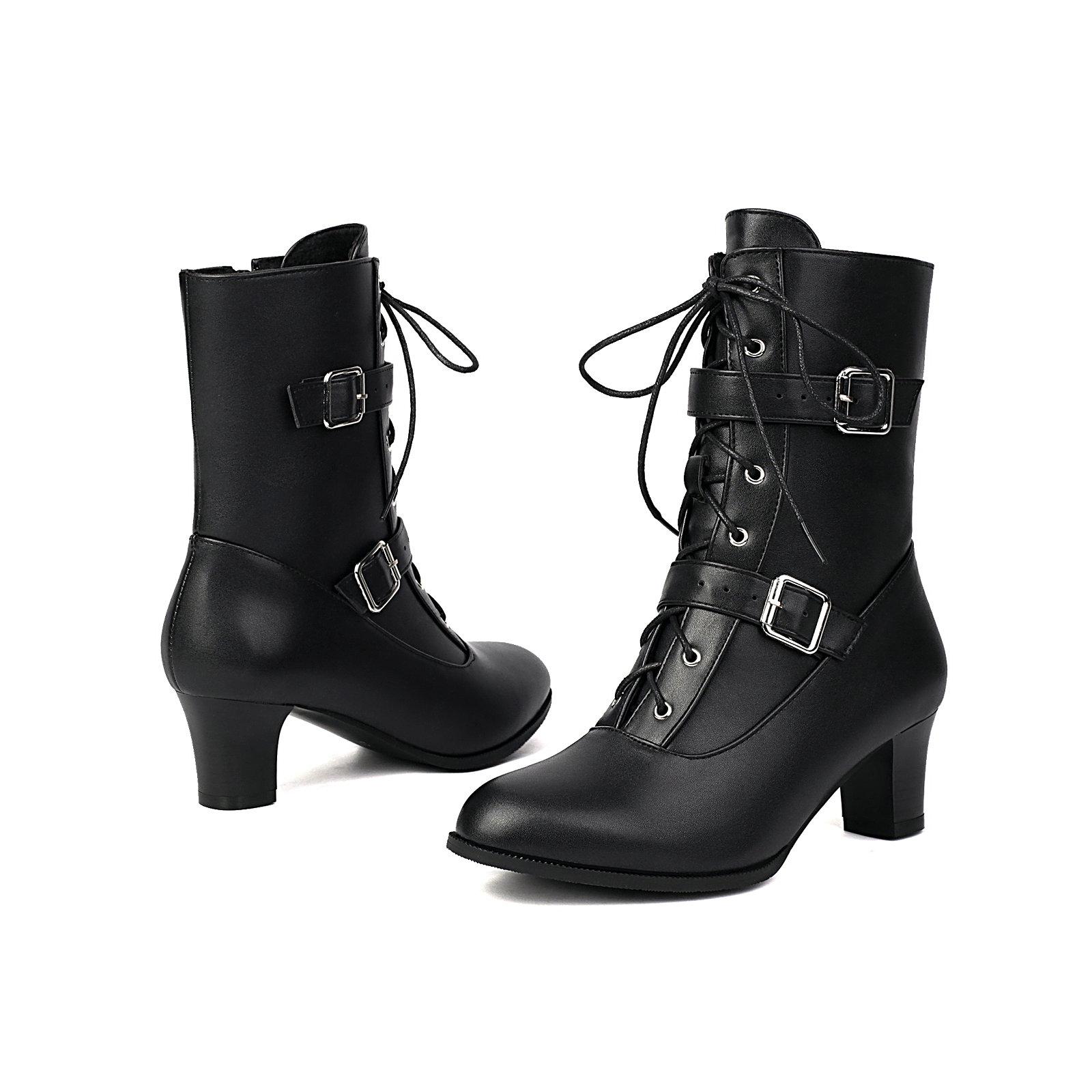 

2025 Women Ankle Boots Med Chunky Heels Leather Casual Shoes for Lasies Fashion Size 48 Black White Footwear 35 чёрный