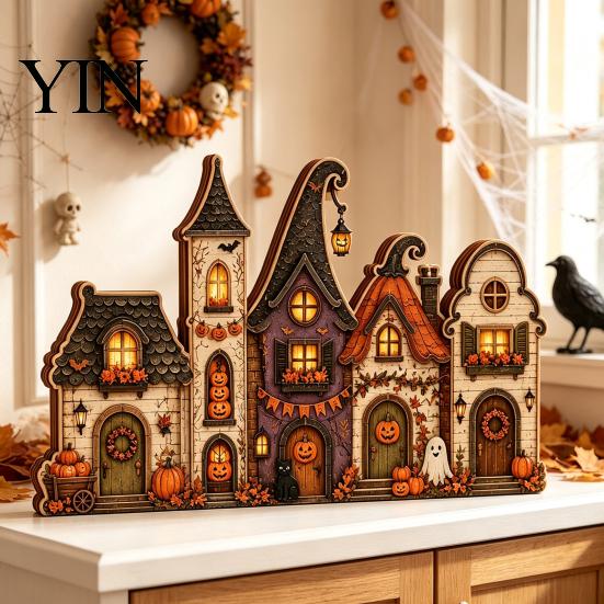 Rustikální podzimní středové dekorace stolu Halloween Retro strašidelná vesnice Dřevěná dekorace na stolní desku, Podzimní statek Čarodějnice Americký venkovský styl Figurky