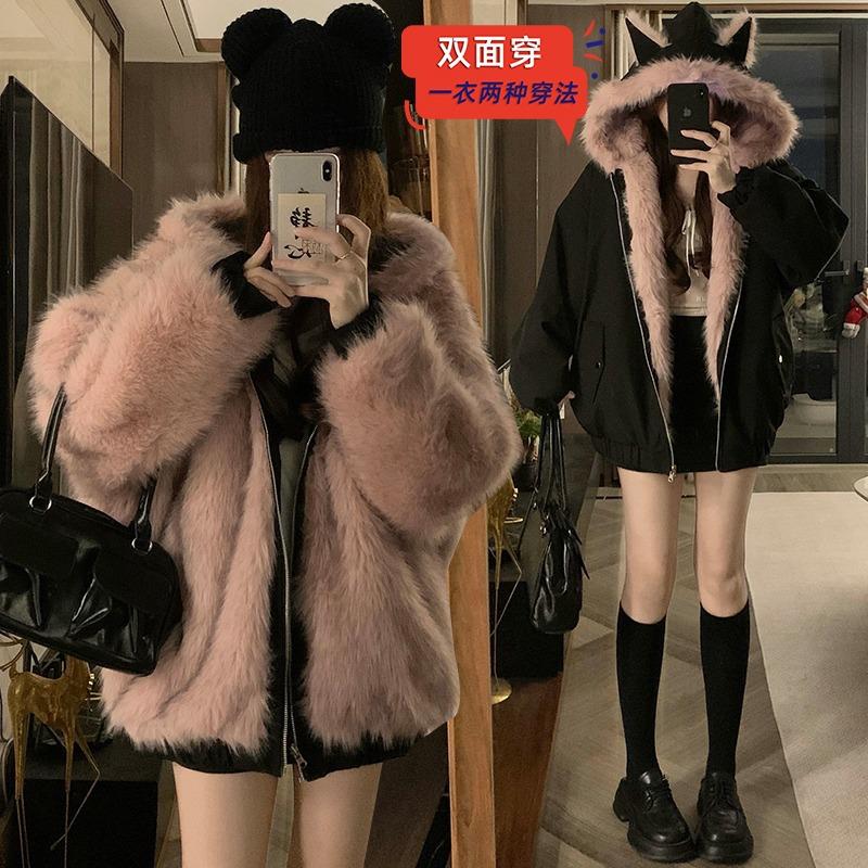 New plush hooded front and back two cotton clothes women's clothing autumn and winter versatile loose and thin casual coat