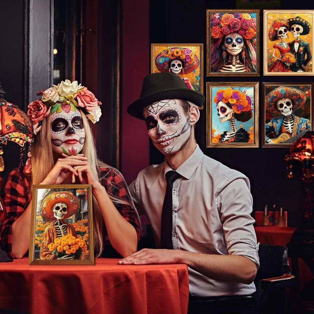 Day of The Dead Poster - 9 Piece Mexican Day of the Dead Decorations Sugar Skull Wall Art Dia De Los Muertos Party Decoration Skeleton Halloween Wall