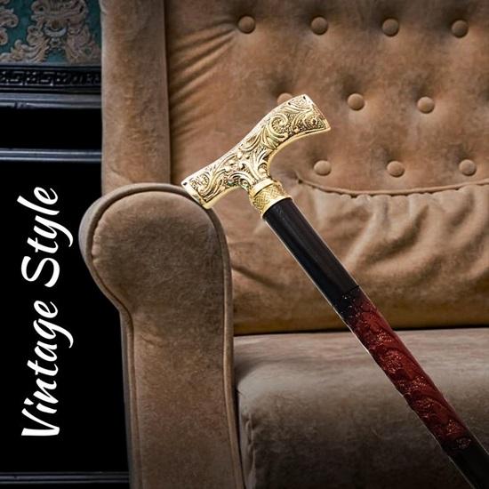 91.44 Cm Walking Stick Gold Brass T Handle, Engraved Design