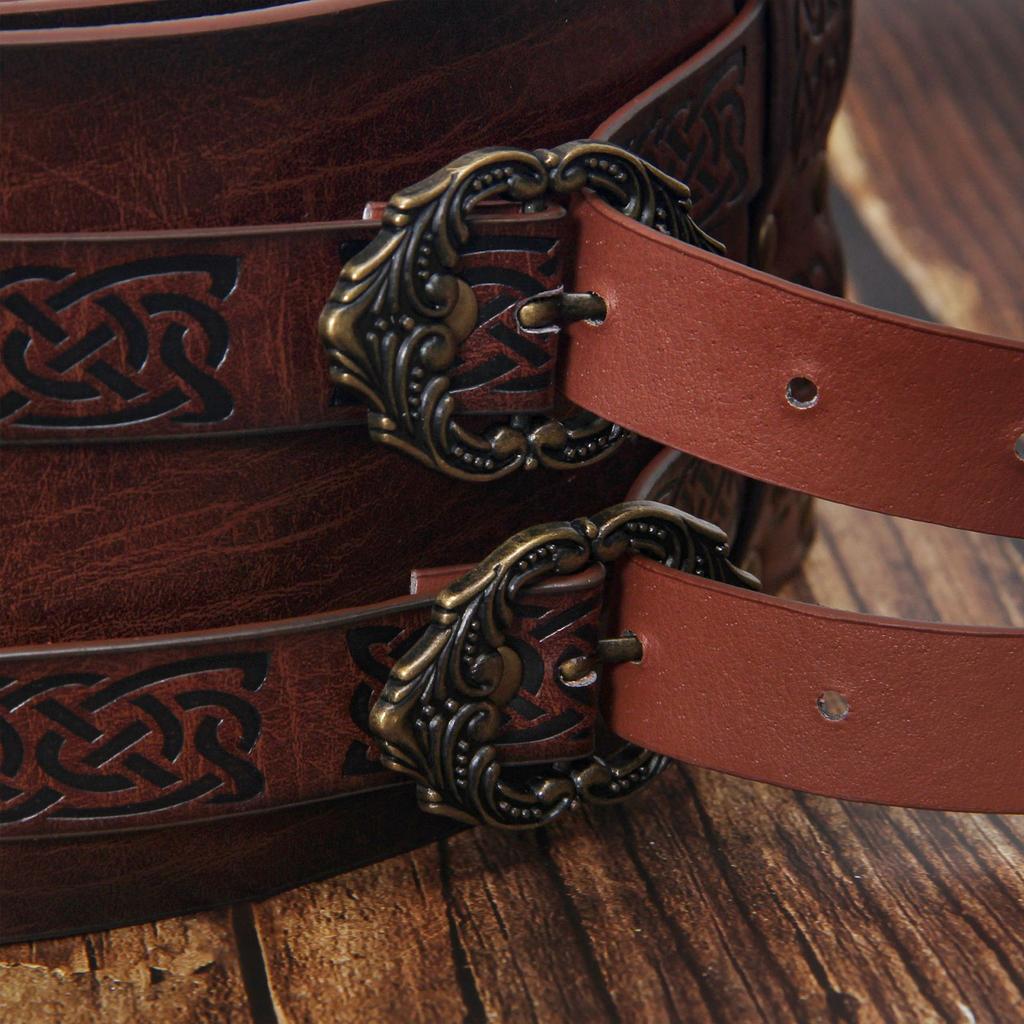 Embossed PU Leather Belt Renassance Medieval Buckle Belt Viking Wide Belt Norse Cosplay Belt Halloween Men Costume