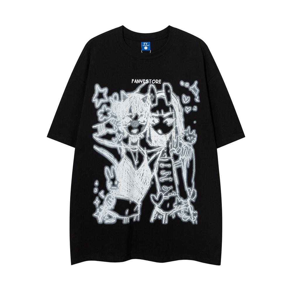 Anime Cartoon Short Sleeved T-shirt for Men and Women Summer High Street Trend Design Sense, Niche Loose Pure Cotton Quarter Sleeved T-shirt