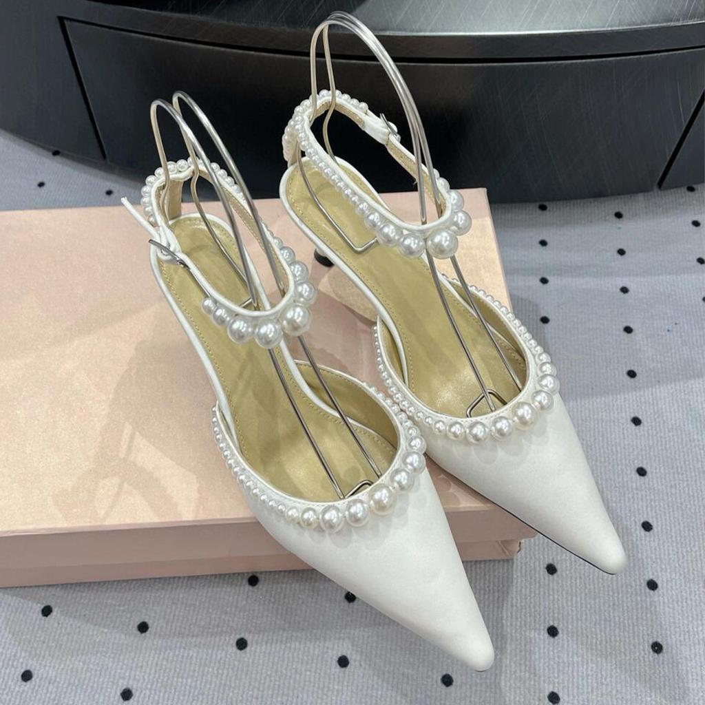Fashion Pearl Chain Pointed-Toe Stiletto High Heels For Women 2025 Summer New French Elegant One-Shoulder Strd Elegant With A Drawstring