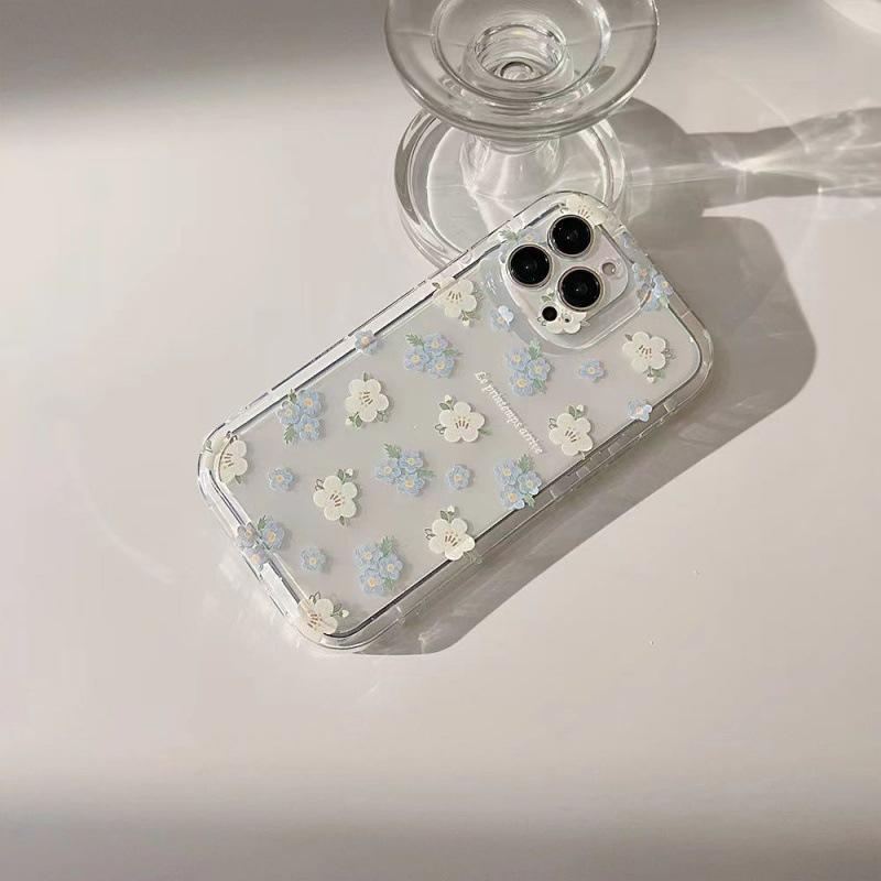 Blue and White Floral Application Apple 16promax Mobile Phone Case 15plus Fresh 14 Airbag 13 Transparent 1211