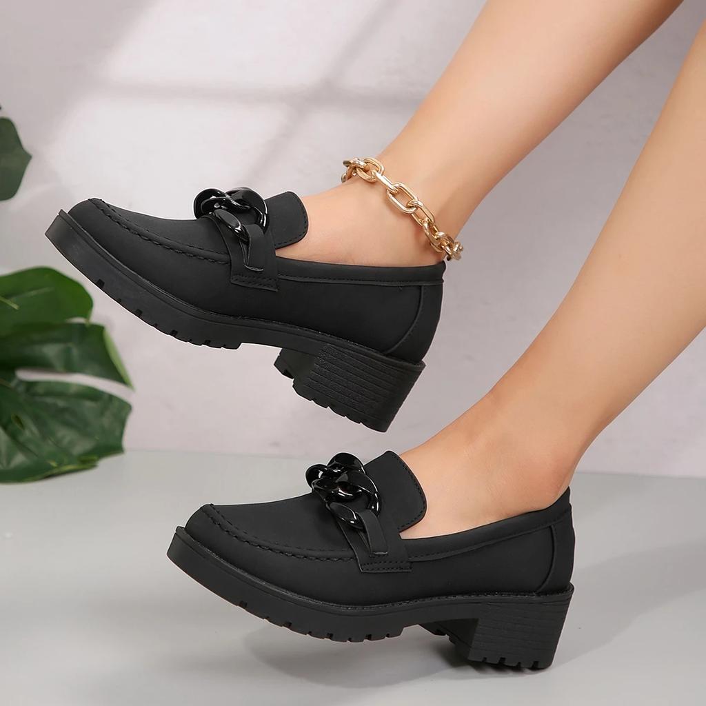 Spring/Autumn New Round Head Square Heel Comfortable Temperament Single Shoes Fashionable Elegant Sexy Banquet High Heels Female
