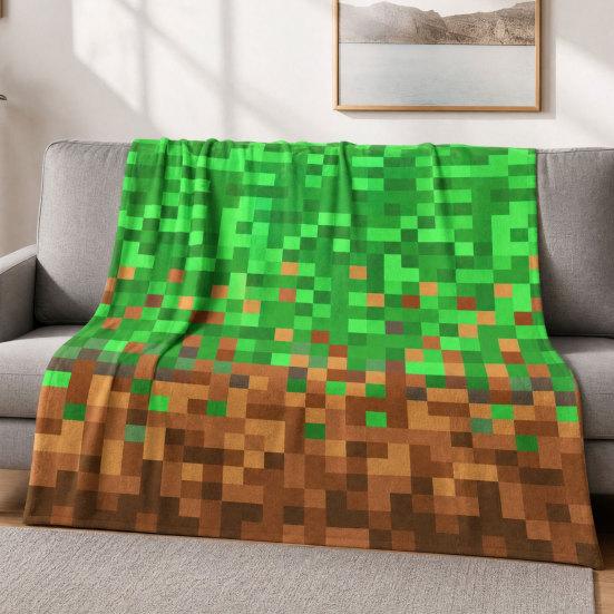 Pixel Grid Miners Kids Flannel Blanket, Geometric Grid Patchwork Pixelated Bed Blanket, Cartoon Gamepad Video Games Girls Boys Sofa Decor, Brown