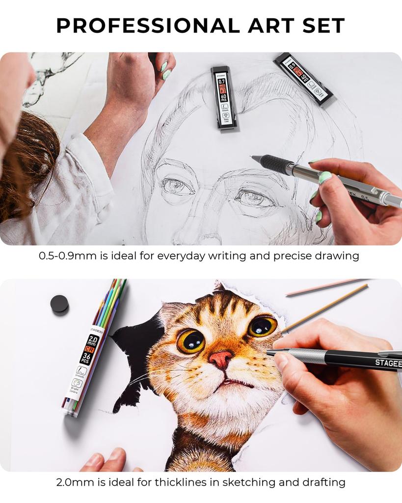 STAGEEK Mechanical Pencil Set Leather Case Metal Drawing Mechanical Pencil Set with Mechanical Lead 2H 2B 4B Art Sketch Design Mechanical Pencil