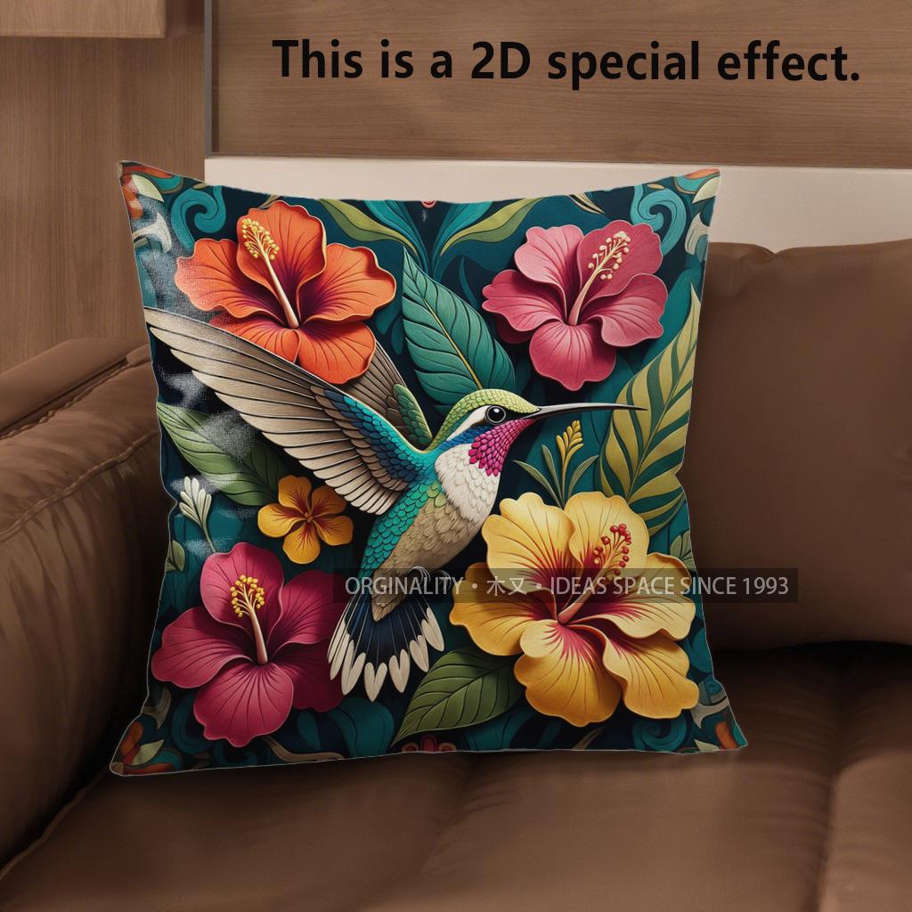 2D Tropical Hummingbird Floral Throw Pillow Covers Pattern Cushion Cover Suitable For Sofa Bedroom Car Pillow Cover