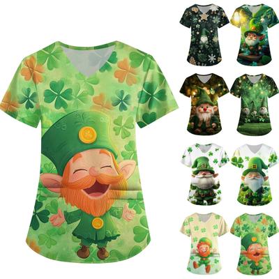 Söt Tryckt Arbetskläder för Kvinnor V-ringning Dubbla Lager Fickor Basic Kortärmad Topp Pullover St. Patrick's Day