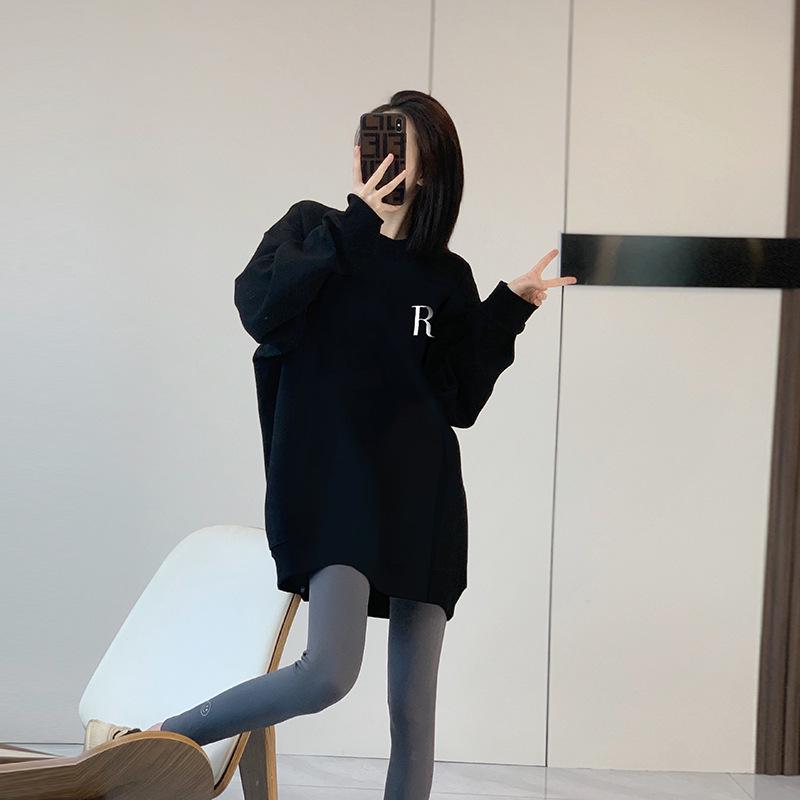 Women's Black Oversized Long Sleeve T-Shirt Sweatshirt - Korean Style, Mid-Length, Hip-Covering for Spring and Autumn