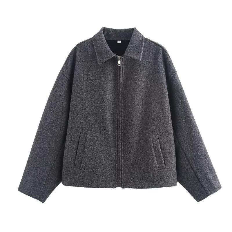 Autumn Fashionable Solid Color Wide Zipper Woolen Jacket For Women