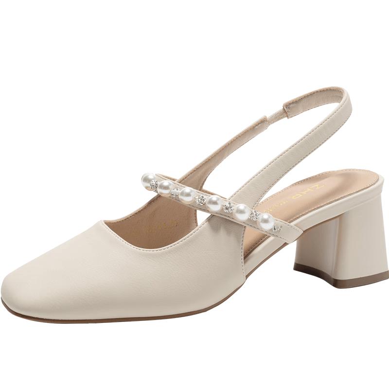 Women s Closed Toe Pearl Embellished Block Heel Sandals EU 36
